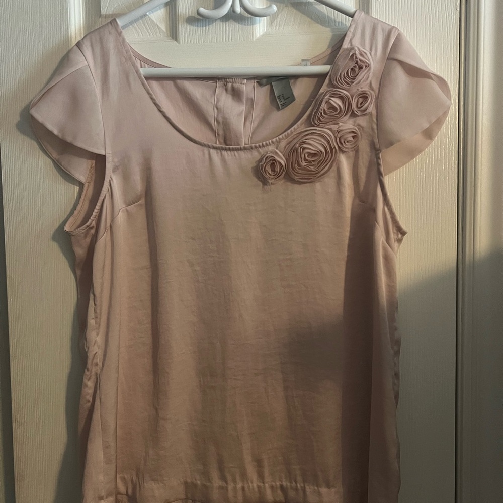 Elegant Pink Satin Blouse with Floral Accents